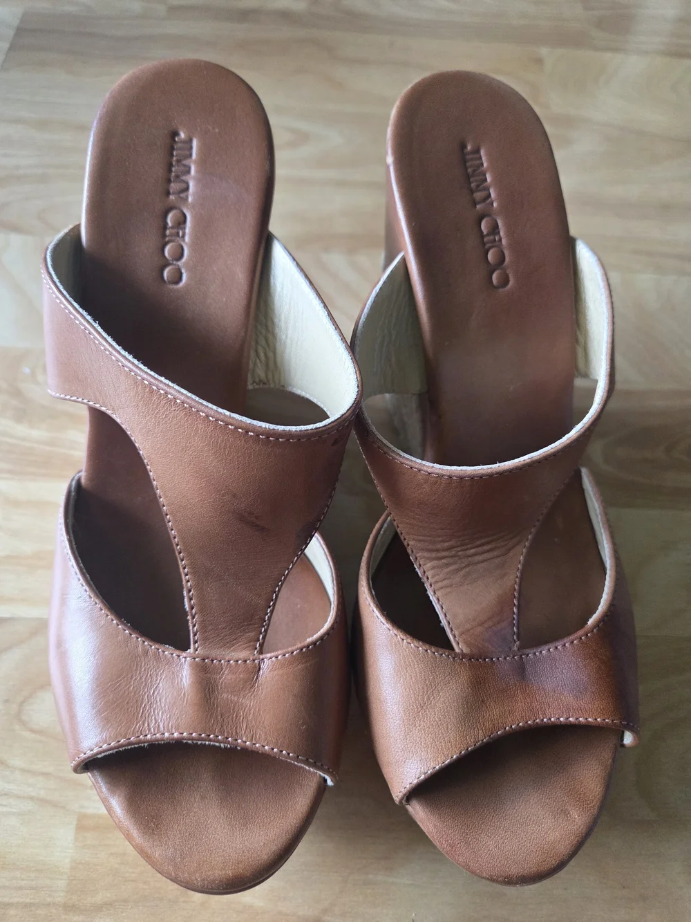 Jimmy Choo Tan Leather Espadrille Wedge Sandals